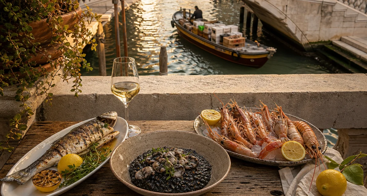 Tavola veneziana al tramonto con branzino, scampi e risotto al nero, barca di consegna su un canale sullo sfondo