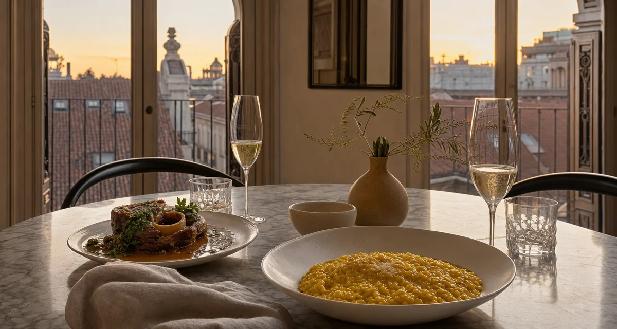Saffron risotto alla milanese and ossobuco on a set table in a historic Milan apartment, golden hour light