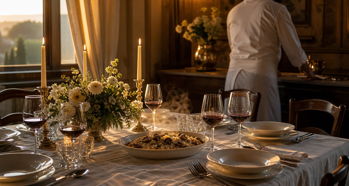 Tavola apparecchiata per cena privata con risotto ai funghi, calici Barolo e chef a domicilio sullo sfondo