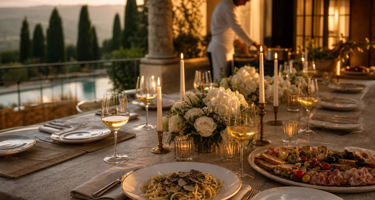 Cena addio al nubilato in villa toscana con chef privato: tavola tra le candele, calici di vino e piatti gourmet