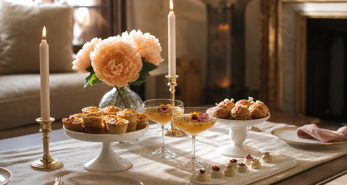 Tavola baby shower a casa con finger food, choux salati, mocktail e dolci su alzatine ceramica in luce naturale