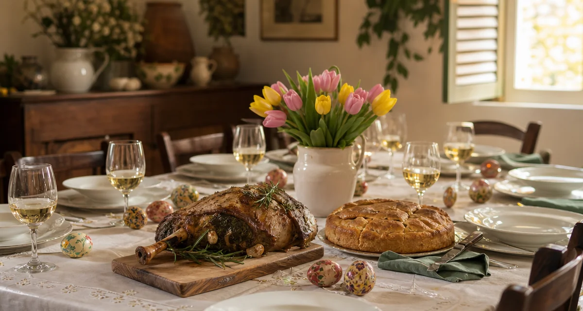 Tavola di Pasqua apparecchiata con agnello arrosto, torta pasqualina e calici di vino, luce primaverile