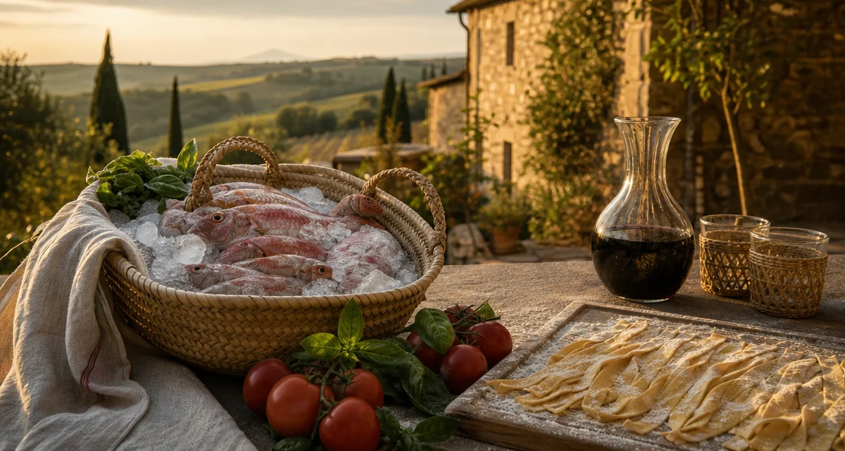 Cesta di pesce fresco e pasta fatta a mano su terrazza di villa toscana al tramonto, colline del Chianti sullo sfondo