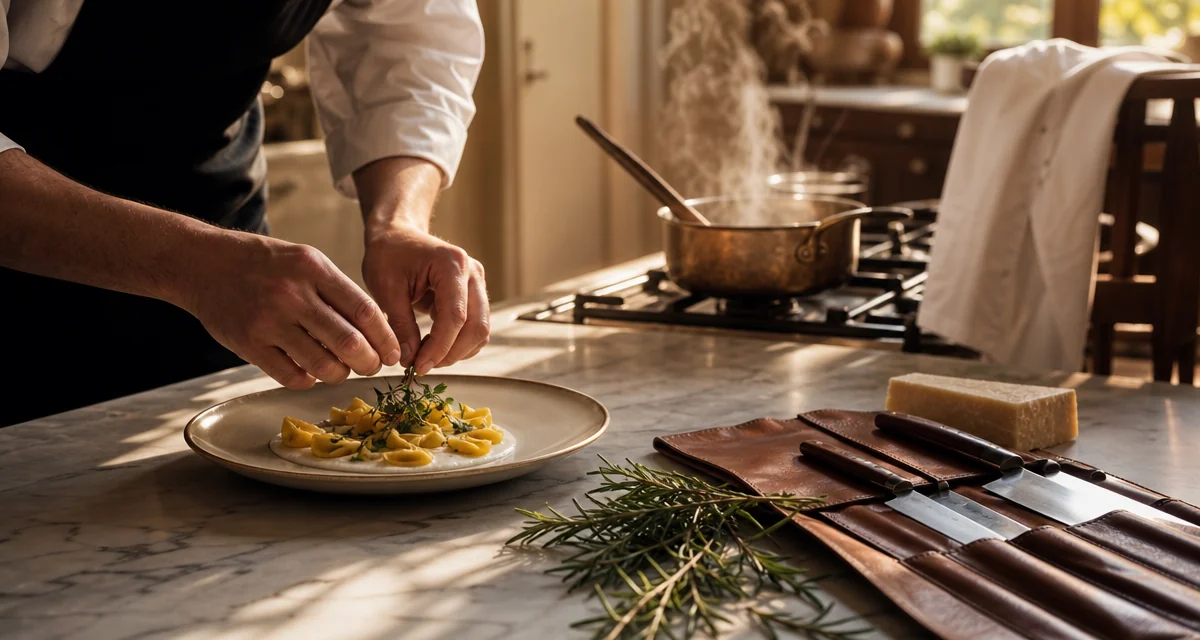 Chef professionista impiatta in una cucina privata italiana con coltelli e mise en place al tramonto