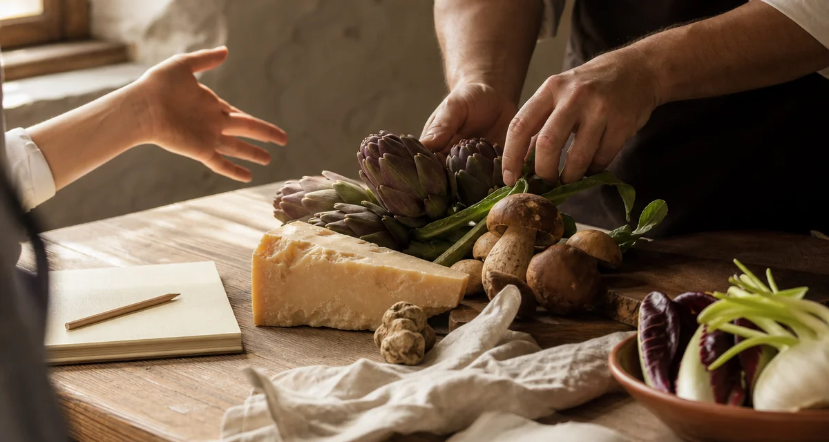 Chef e padroni di casa scelgono il menu tra ingredienti di stagione italiani su un tavolo di legno