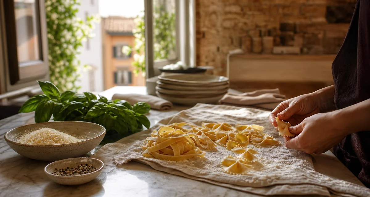 Family pasta-making class in a Rome apartment kitchen, fresh tagliatelle on floured marble counter with children hands