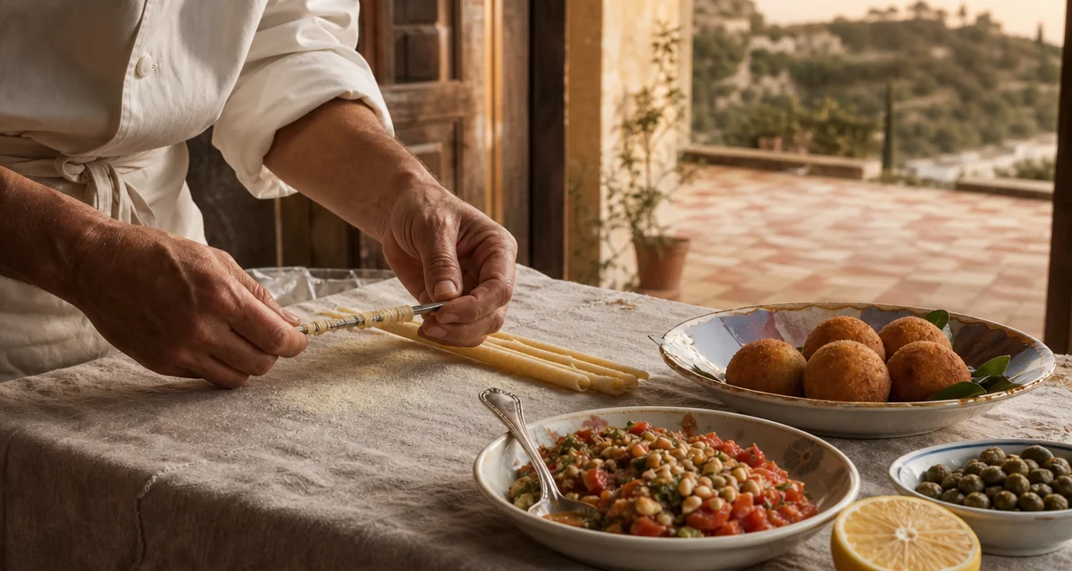 Hands rolling busiate pasta at a Sicilian villa kitchen table with arancini and pesto trapanese