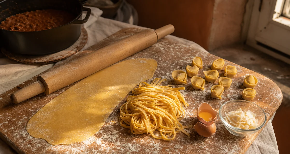 Fresh egg tagliatelle and tortellini on a floured wooden board, Bologna pasta class, soft natural light