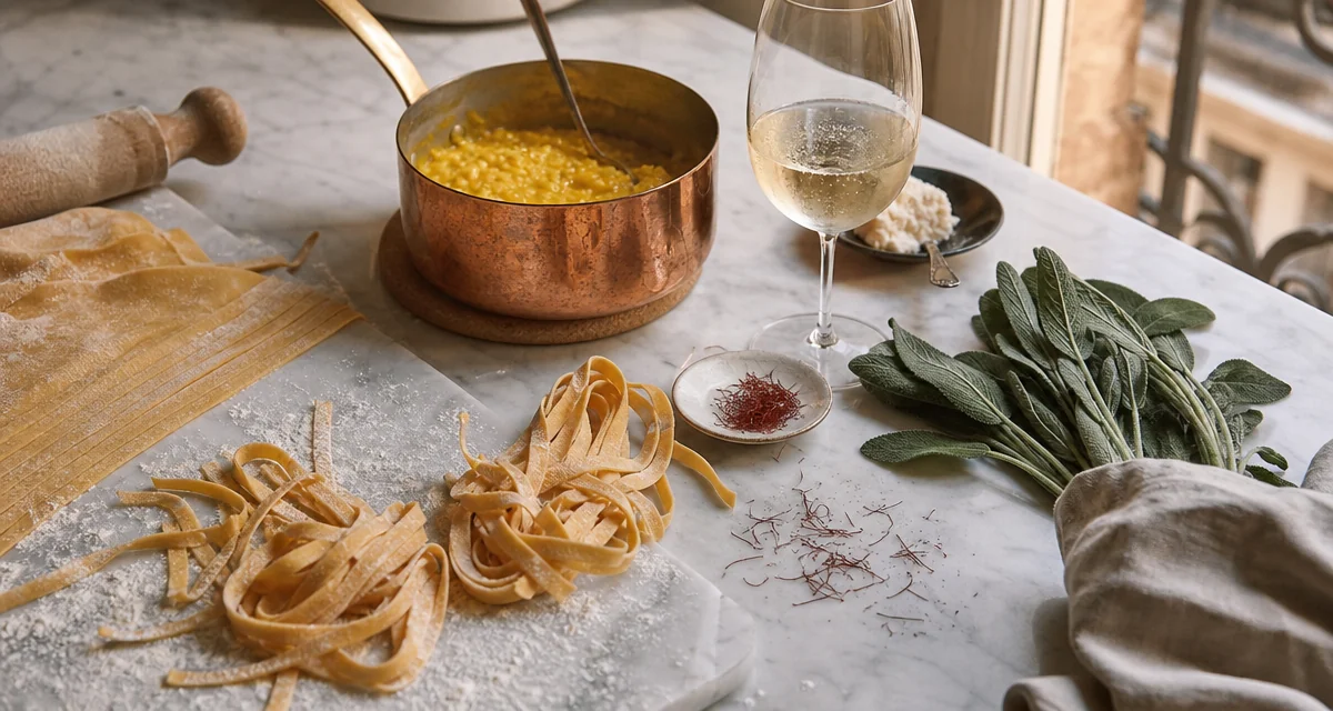 Fresh pasta dough and risotto alla milanese on a marble counter during a cooking class in Milan