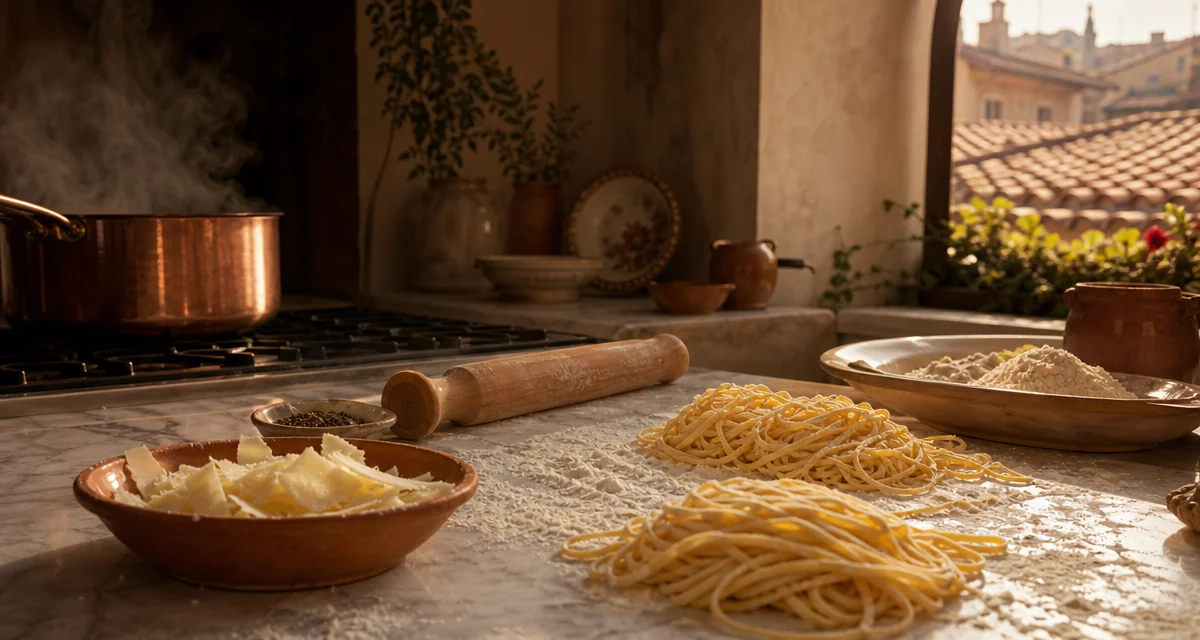 Pasta tonnarelli hand-rolled on marble in a Roman kitchen, Pecorino Romano and black pepper for cacio e pepe