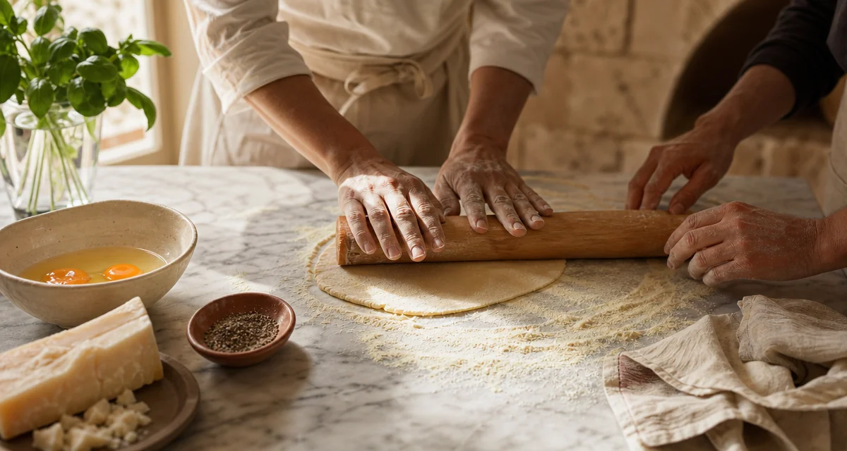 Hands shaping fresh pasta dough on a floured marble worktop during a beginner cooking class in Rome