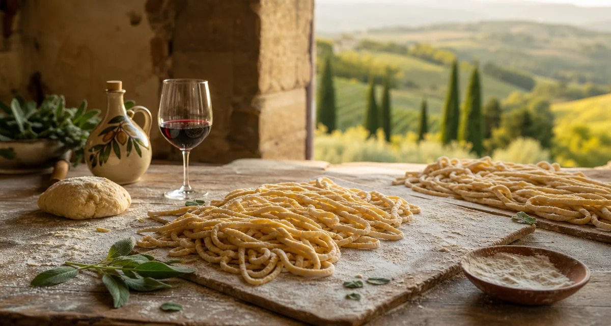 Hand-rolled pici pasta on a Chianti farmhouse counter with a glass of Chianti Classico, golden hour