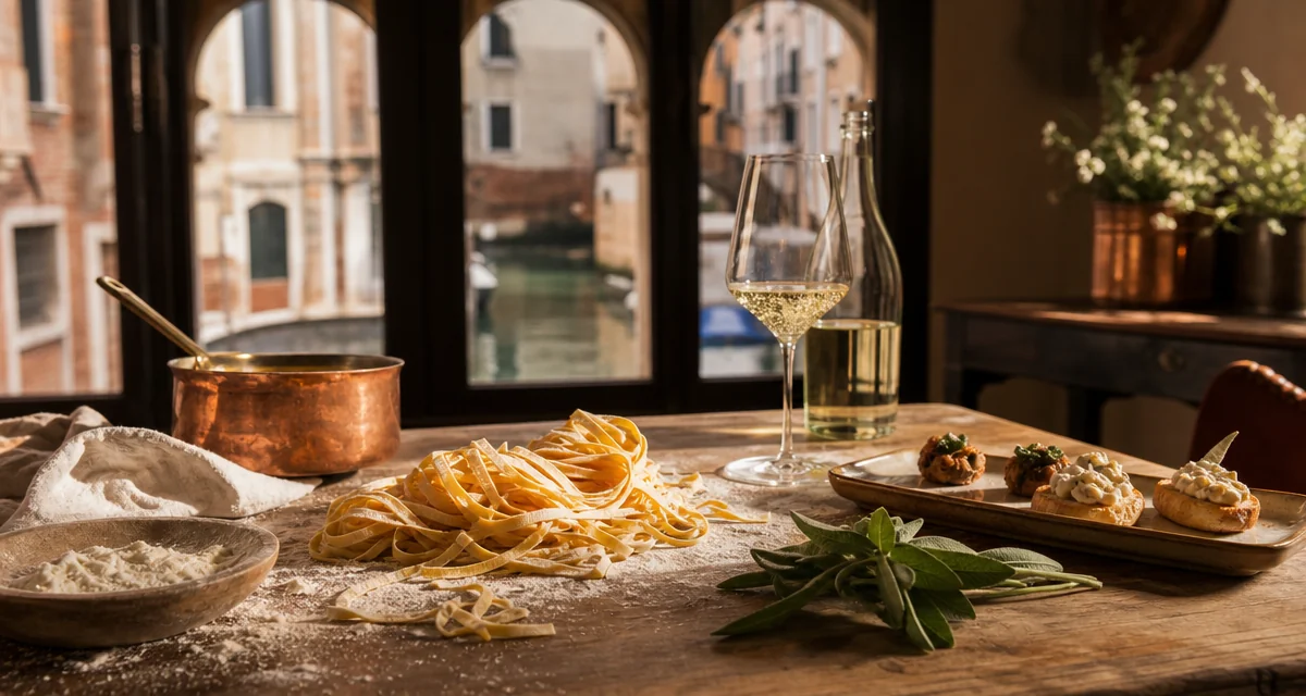 Fresh pasta dough and cicchetti on a rustic table in a Venetian kitchen, with Prosecco and canal light