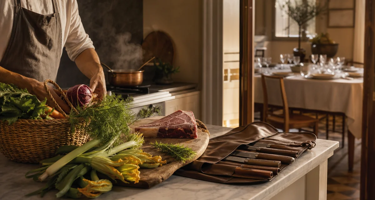 Chef prepara la spesa del mercato in cucina privata italiana con tavola apparecchiata sullo sfondo