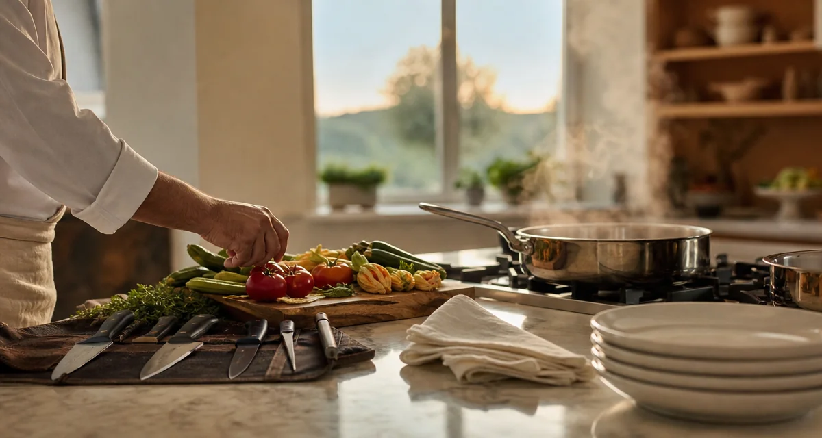 Piano cucina pronto per uno chef a domicilio con coltelli, taglieri e ingredienti freschi