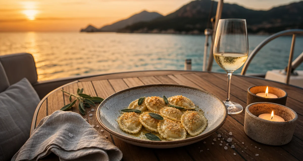 Sardinian culurgiones and Vermentino on a yacht aft deck at sunset, Costa Smeralda private chef dining
