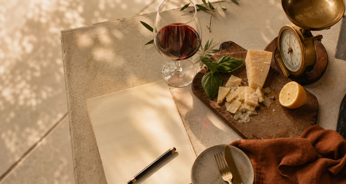 Tavolo italiano dall alto con preventivo scritto a mano, parmigiano, basilico, calice di Chianti e bilancia in ottone, luce d