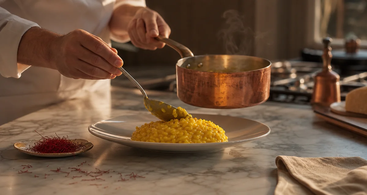 Chef impiatta risotto allo zafferano in una cucina di casa milanese, luce calda pomeridiana