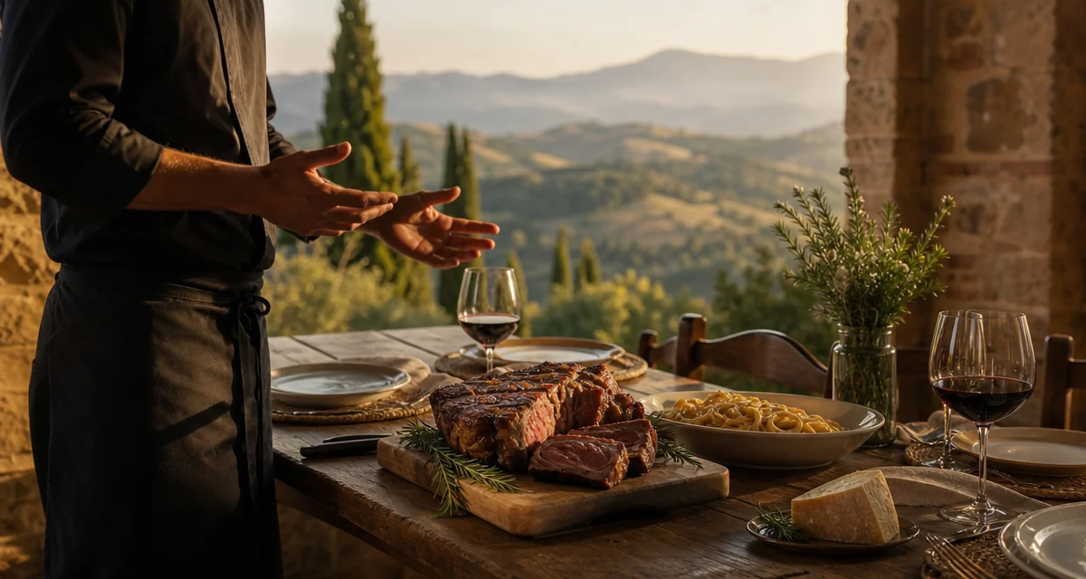 Tuscan villa terrace at golden hour with bistecca alla fiorentina, pici pasta and Brunello di Montalcino