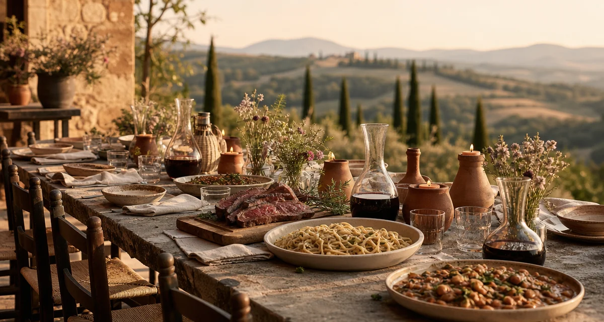 Long terrace table set for family reunion at a Tuscany villa, golden hour with pici pasta and Chianti Classico