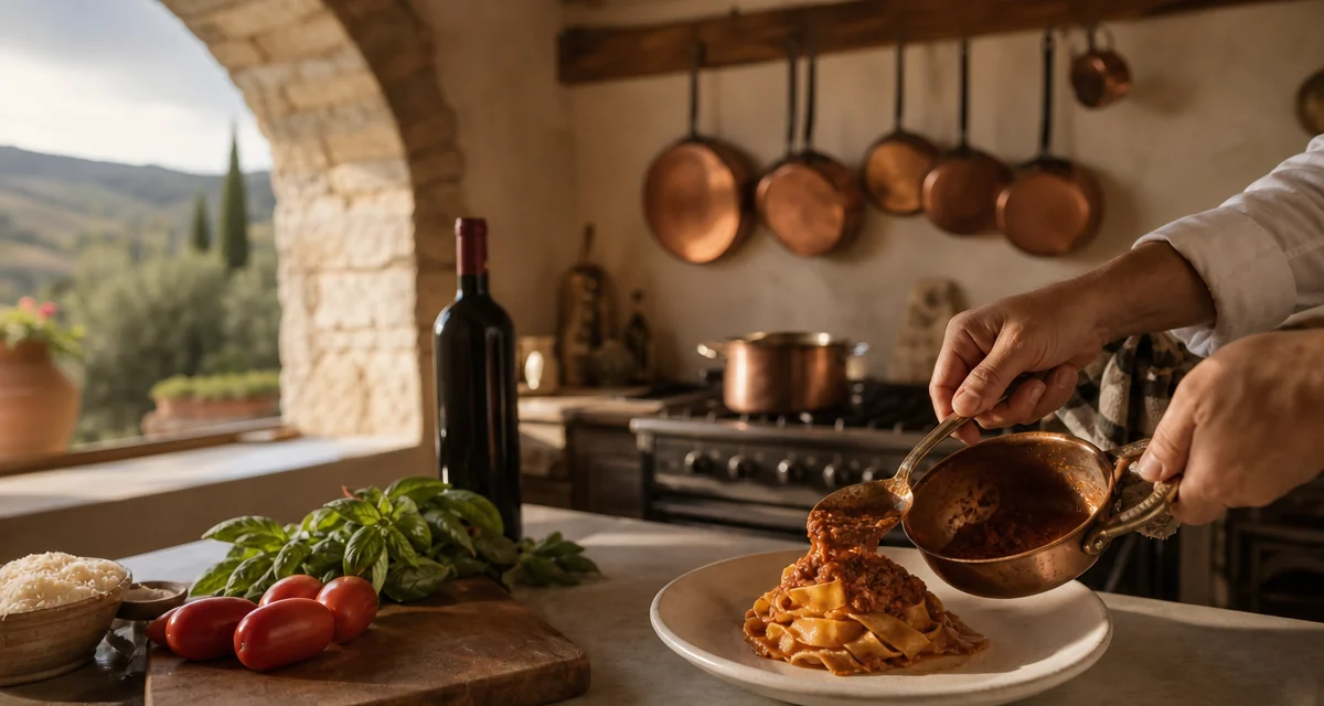 Italian personal chef hands plating pappardelle al ragu in sunlit country kitchen, copper pans, San Marzano tomatoes, golden 