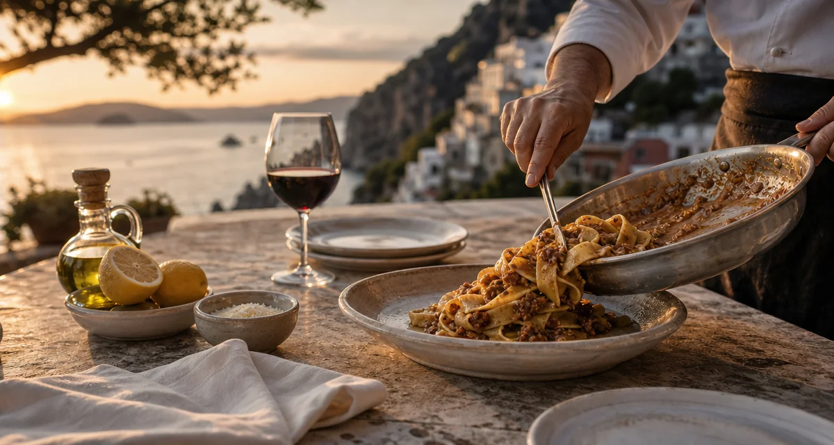 Chefs hands plating fresh pappardelle at a seaside terrace table in Italy at golden hour