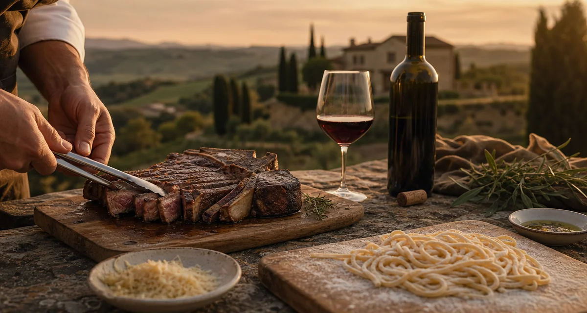 Tuscan villa terrace at sunset with bistecca alla fiorentina, hand-rolled pici and a glass of Chianti Classico