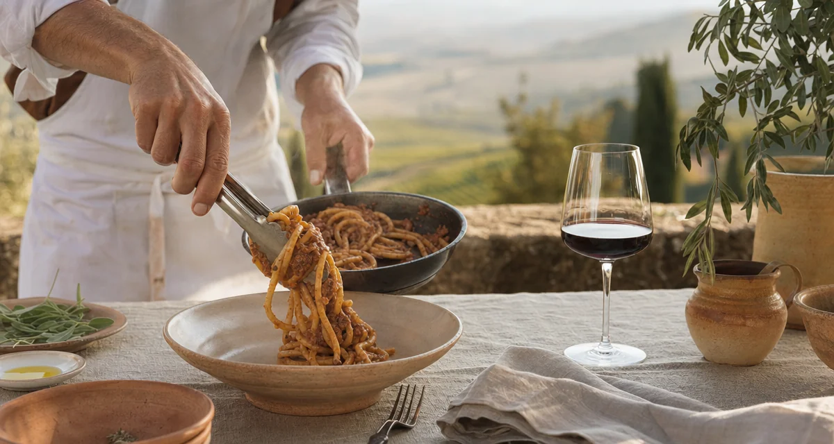Private chef plating pici pasta on a Tuscan villa terrace at golden hour with Val d'Orcia views