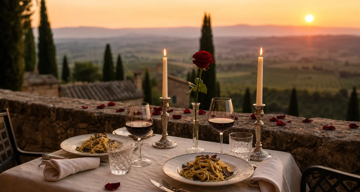 Romantic candlelit dinner for two on a Tuscan villa terrace at sunset, private chef honeymoon Italy
