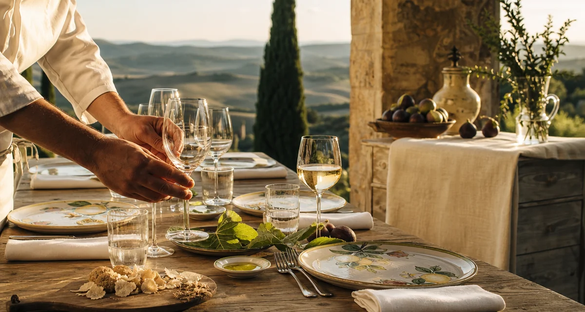Tuscan villa terrace table being set for a private chef dinner at golden hour