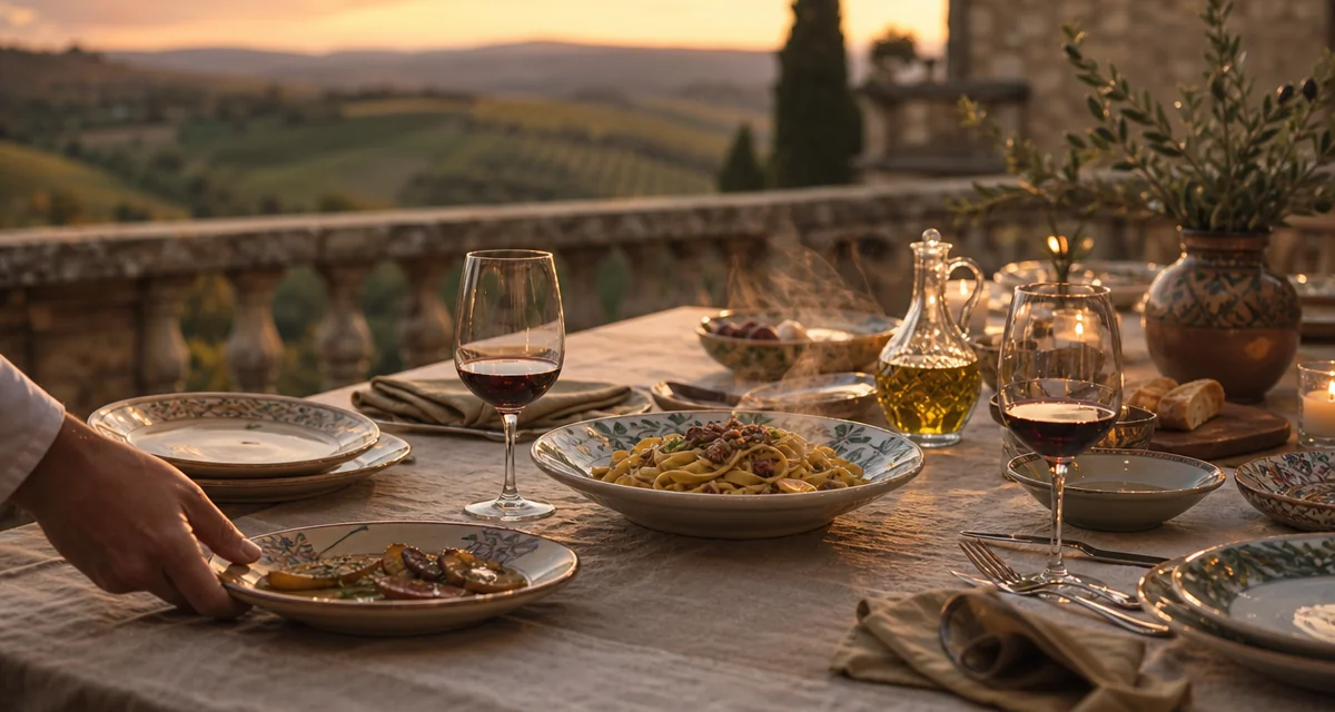Multi-course private chef dinner table on a Tuscan terrace at golden hour with wine and courses