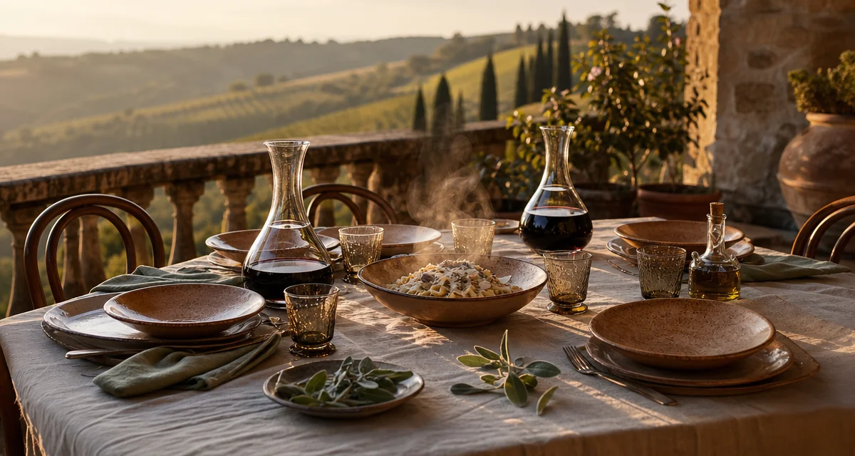 Rustic Tuscan villa terrace table set for six at golden hour with pasta al tartufo and Chianti Classico