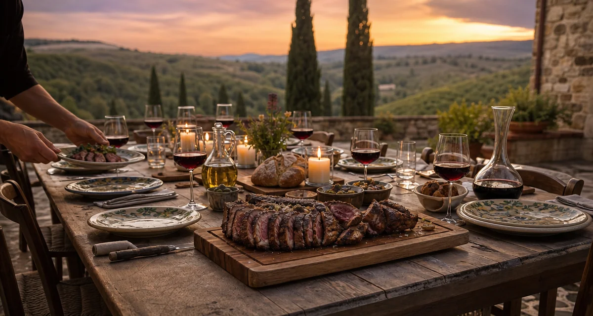 Long table on a Chianti villa terrace at sunset with bistecca alla fiorentina and Chianti Classico wine