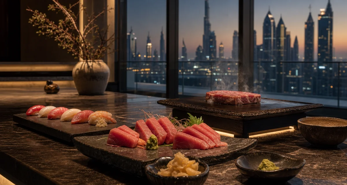 Omakase sashimi and A5 wagyu teppanyaki plated in a private Dubai villa at dusk with skyline view