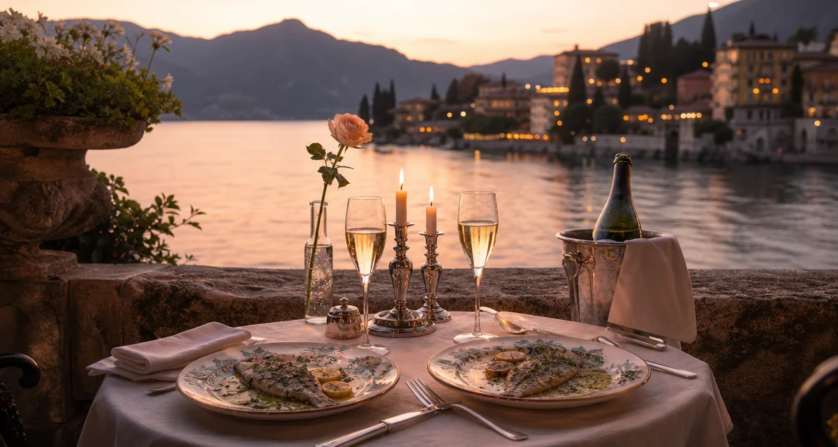 Romantic terrace dinner for two on Lake Como at dusk with lavarello, Franciacorta flutes and candles
