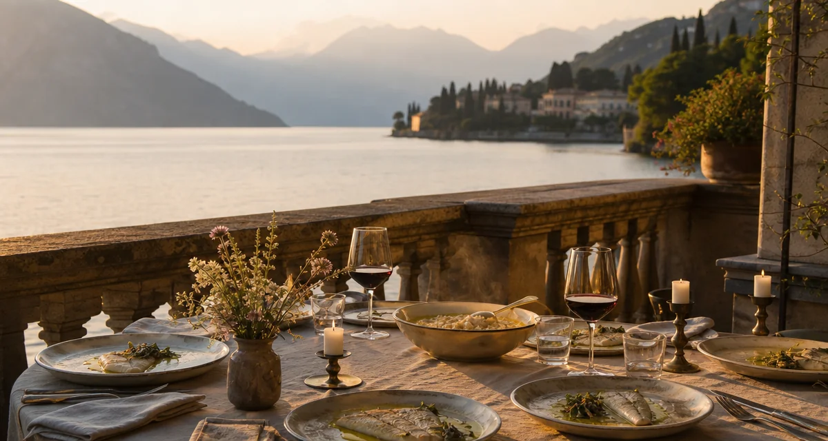 Lake Como villa terrace dinner at golden hour with Valtellina wine and lake-fish on stone table