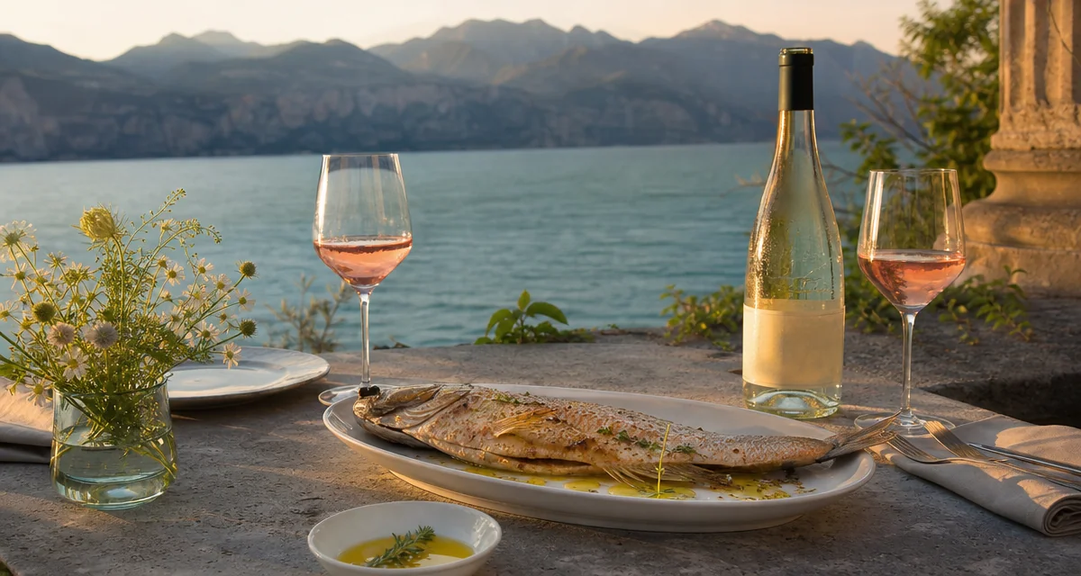 Lake Garda villa terrace at sunset set for a birthday dinner with coregone lake fish and Lugana wine