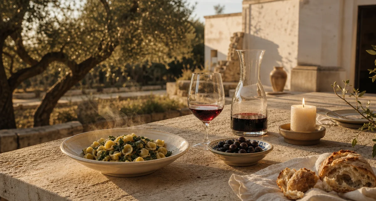 Long stone table at a Salento masseria with orecchiette, Negroamaro wine and olive trees at golden hour