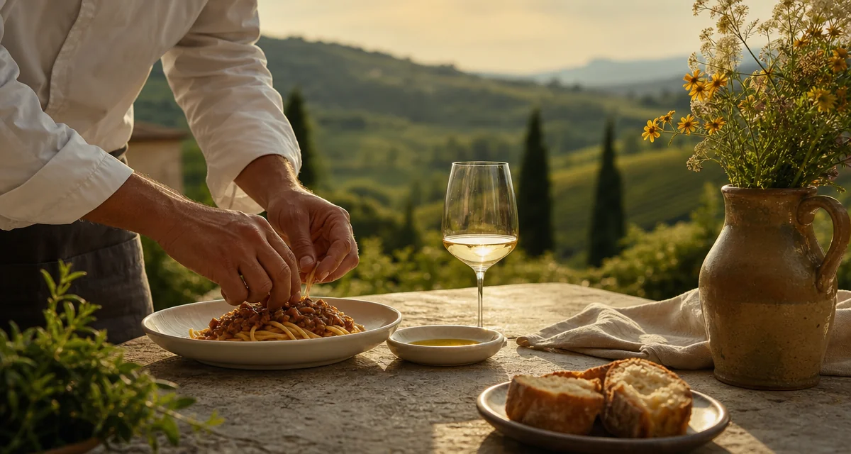 Lucca villa terrace at golden hour with Tuscan pici, ragu and Montecarlo wine over vineyard hills