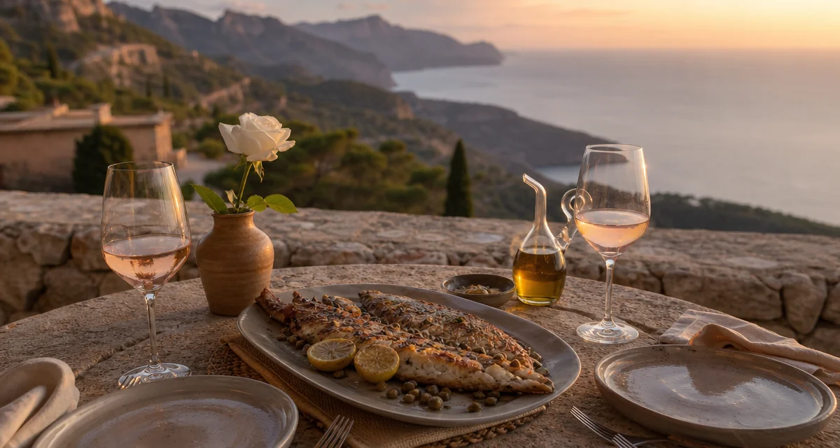 Stone terrace table for two at a Mallorcan finca at sunset with rose wine and fresh fish, honeymoon private chef dinner