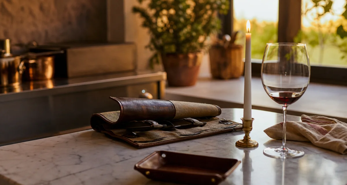Cucina italiana a fine cena privata con coltelli chef, candela e calice di vino, atmosfera elegante