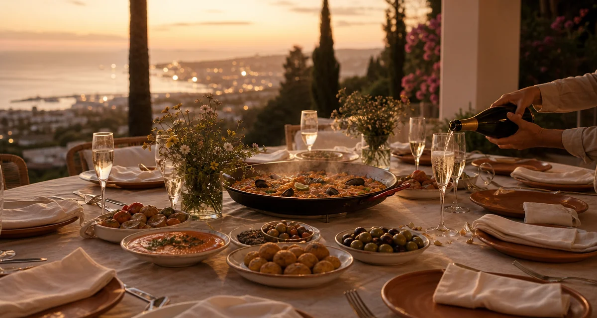 Long Marbella villa terrace table at sunset with seafood paella, cava and tapas for a bachelorette dinner