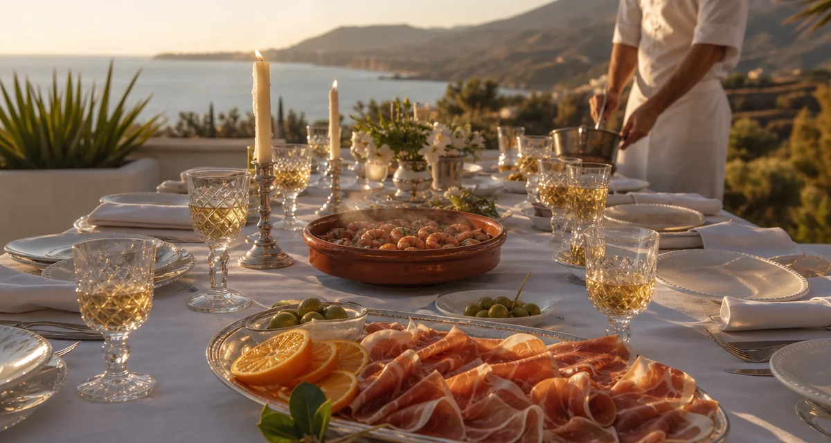Birthday villa dinner table on a Marbella terrace at sunset with jamón ibérico, gambas al ajillo and Fino de Jerez
