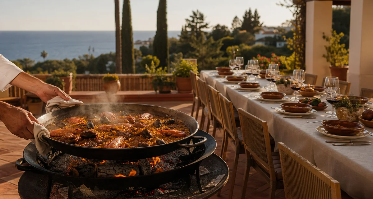 Steel paella pan sizzling on a Marbella villa terrace at golden hour, private chef catering Costa del Sol