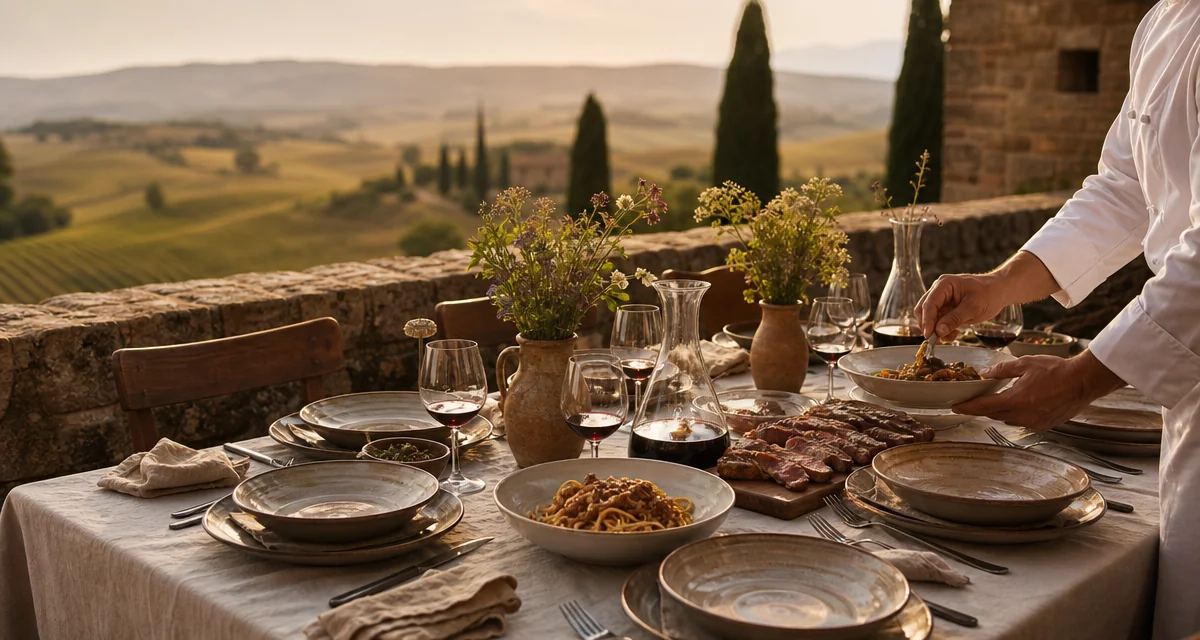 Long Tuscan villa terrace table set for eight with Chianina bistecca and Chianti Classico, private chef multi-day