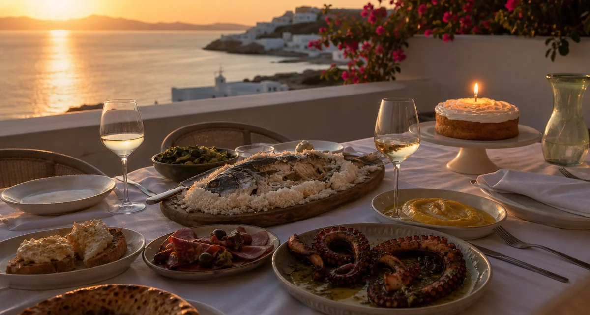 Mykonos villa terrace birthday dinner table at sunset with Cycladic seafood and Assyrtiko wine