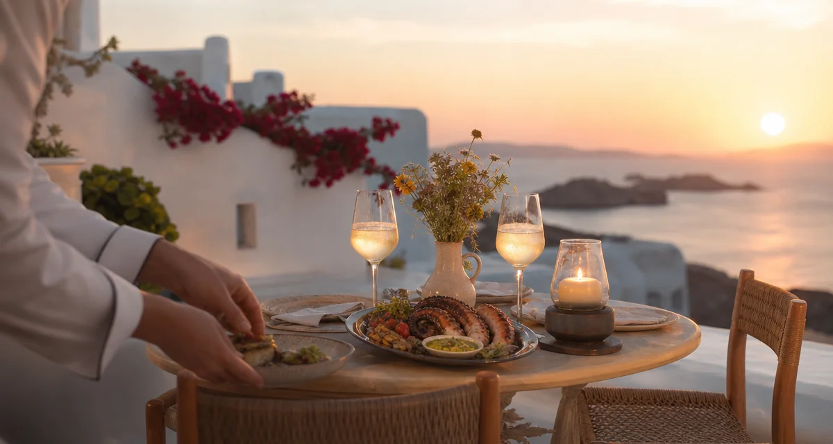 Mykonos villa terrace honeymoon dinner for two at sunset with Cycladic seafood and Assyrtiko wine
