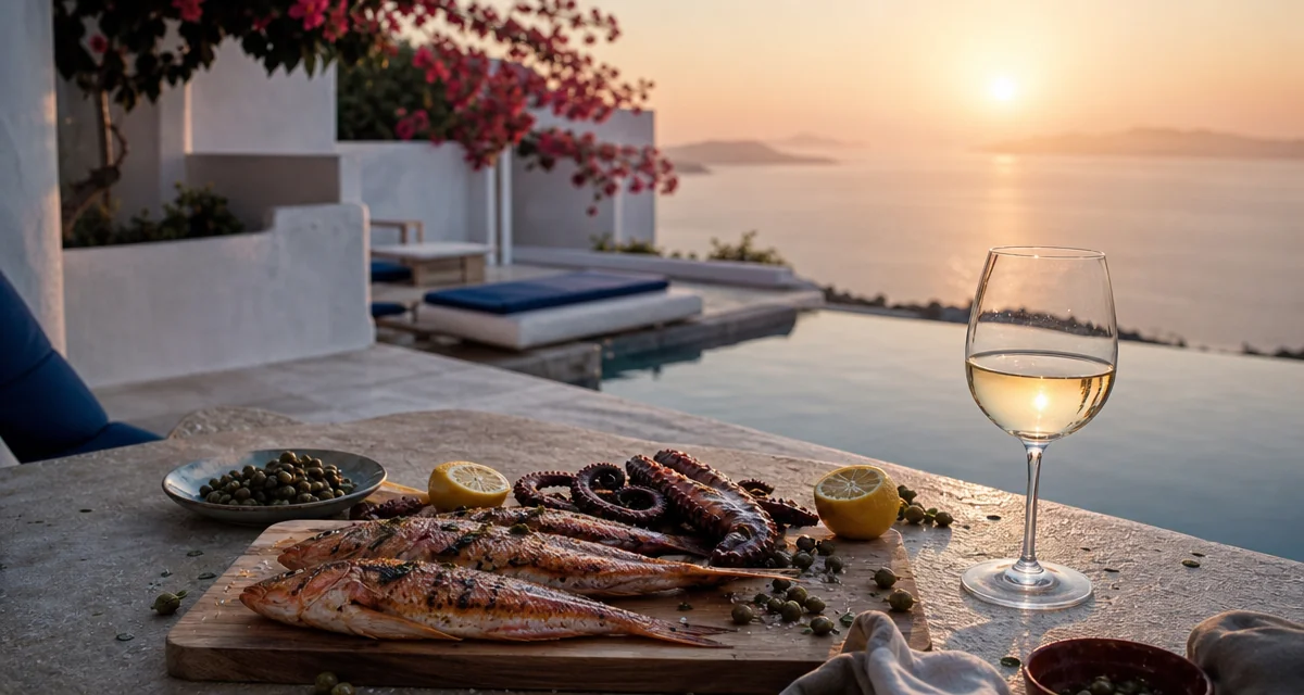 Mykonos villa terrace at sunset with grilled fish, Assyrtiko wine and Aegean Sea view