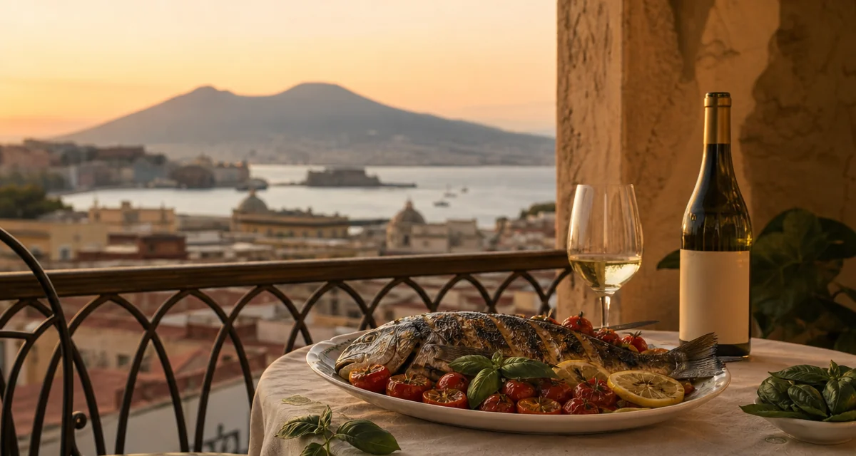 Naples terrace dinner with grilled orata, Vesuvian tomatoes and Greco di Tufo wine overlooking the Bay of Naples