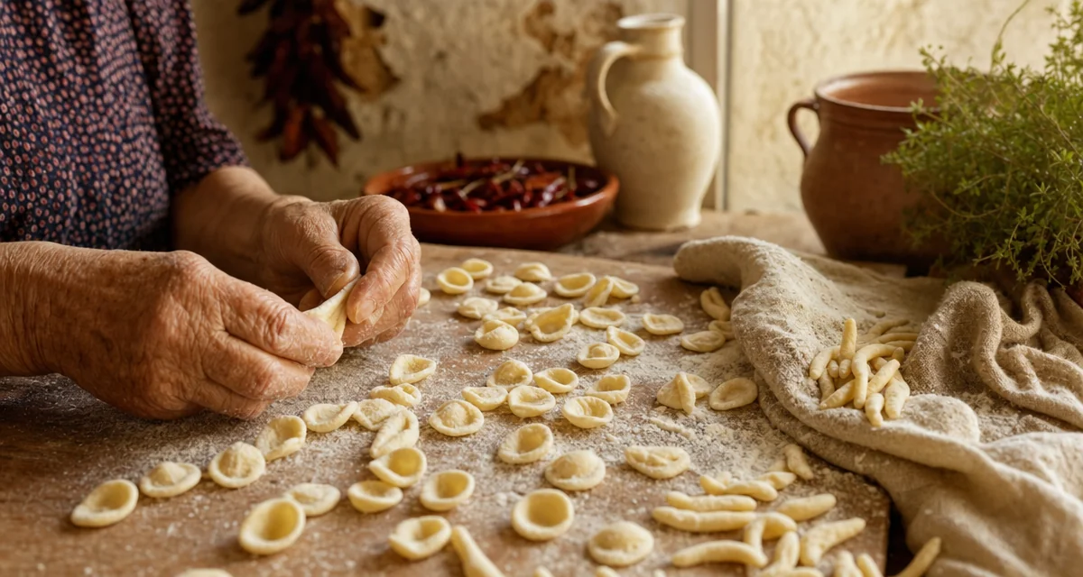 Elderly hands shaping fresh orecchiette pasta on a floured wooden board in a rustic Italian kitchen